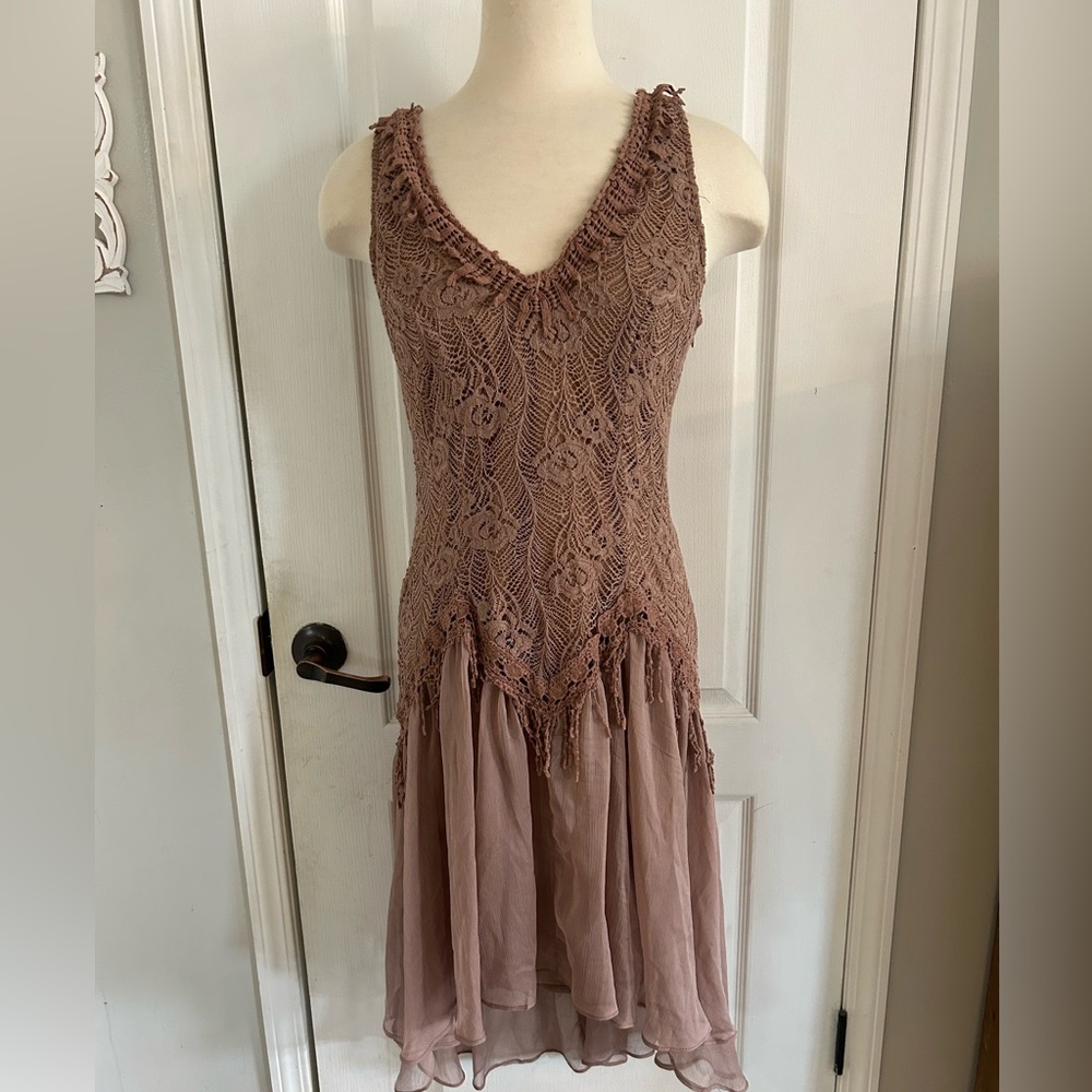 Floral Lace Semi Sheer dress Soieblu L Nude Beige Country‎ Cottage Beachy NWT